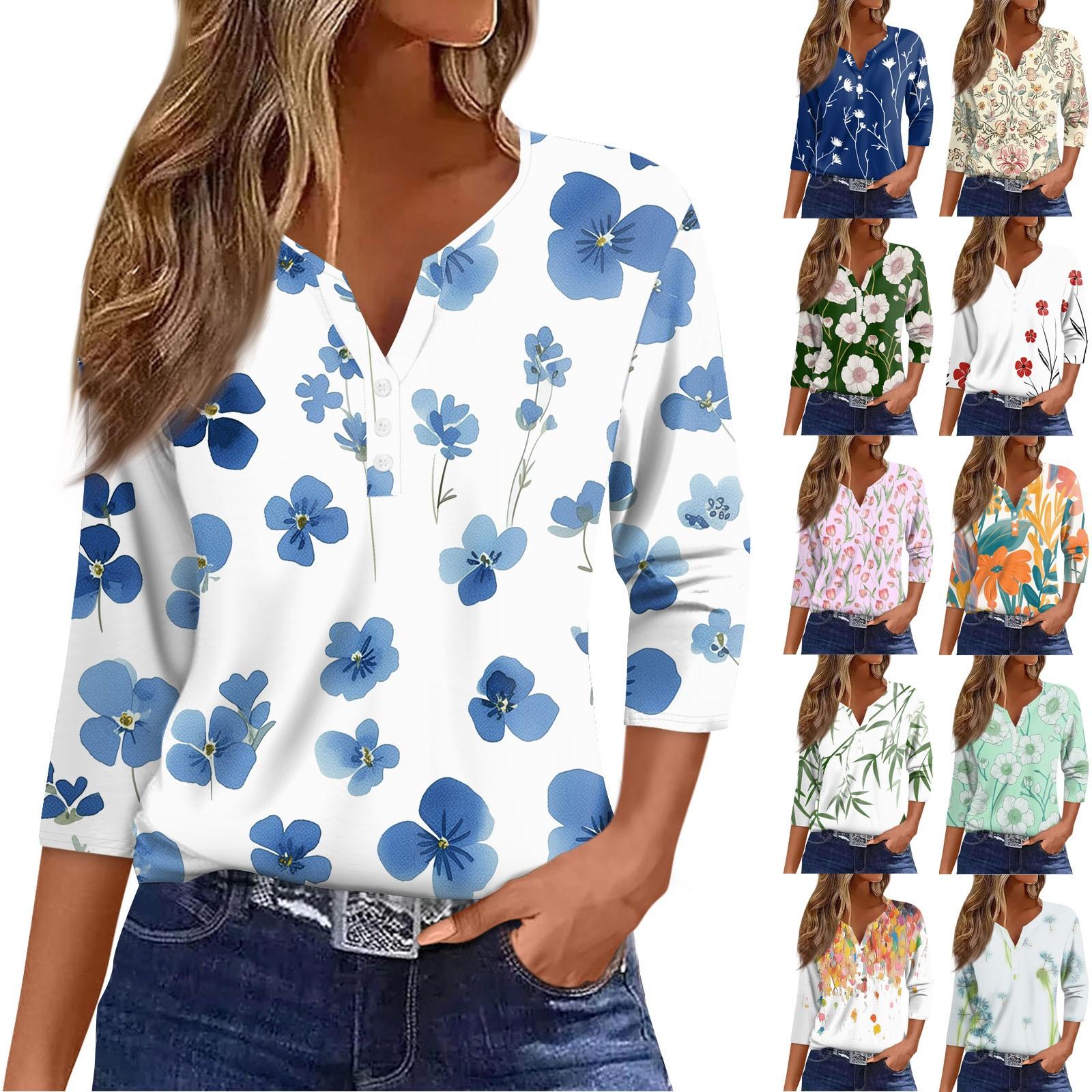 

Женская мода и отдых с цветочным принтом и V-образным вырезом, рукавом 3/4 и пуговицами, футболка, топ