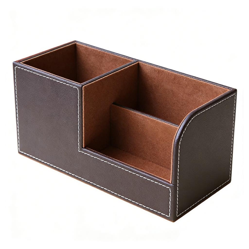 Desk Organizer Pen Holder PU Leather Multifunctional Tabletop Storage Box 3 Compartments for Office Home School Coffee