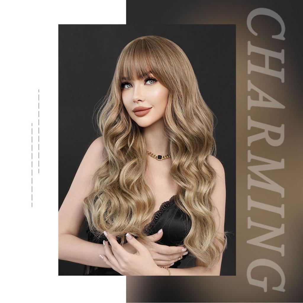 Women's Simulation Wig 68cm Hair Brown Wig Long Curly Wig Full Headgear Rose Hair Net Headdress Beauty Decoration Wig