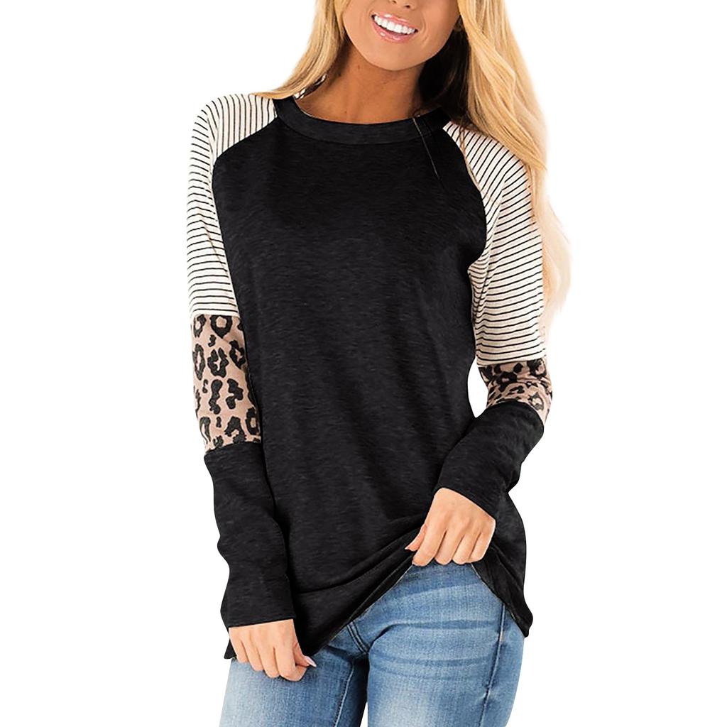 Women's And Winter Fashion Leopard Print Striped Round Neck Long Sleeve Top