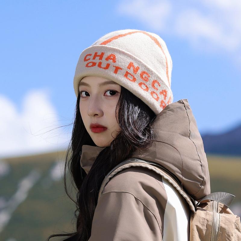 Letter Knitted Wool Hat Winter Outdoor Cycling Mountaineering Warm Pullover Cap for Women