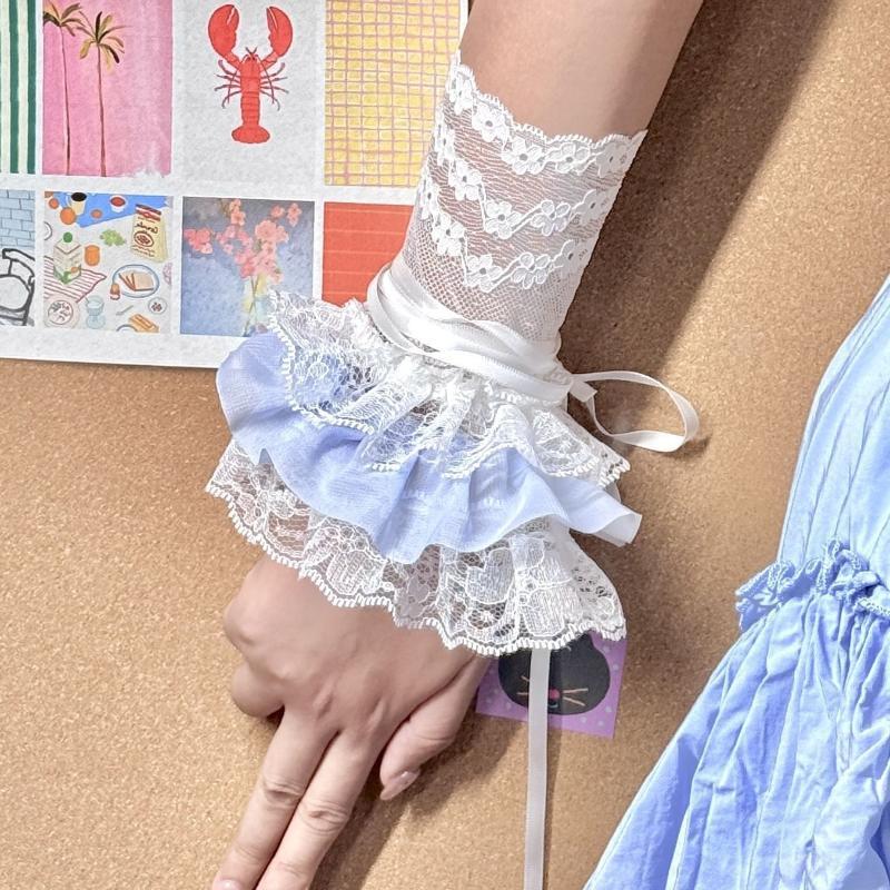 1 Paar Jk Lolita Spitze Handgelenkstulpen Seidenband Y2K Schwarz Weiß Rüschen Handschuhe Für Mädchen Cosplay Requisiten