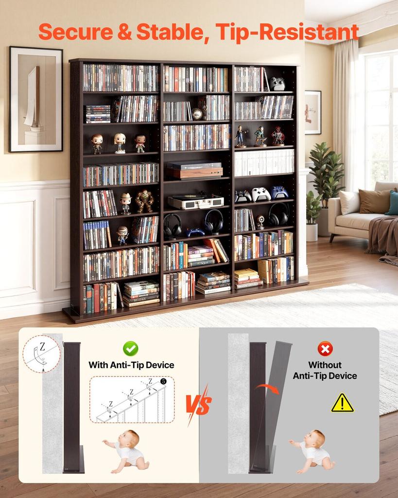 Media Storage Cabinet, 8-Tier DVD Shelf Organizer, 142 X 22 X 130 Cm Multimedia Storage Organizer for CDs, DVDs, Books & Games, CD Shelf for Living