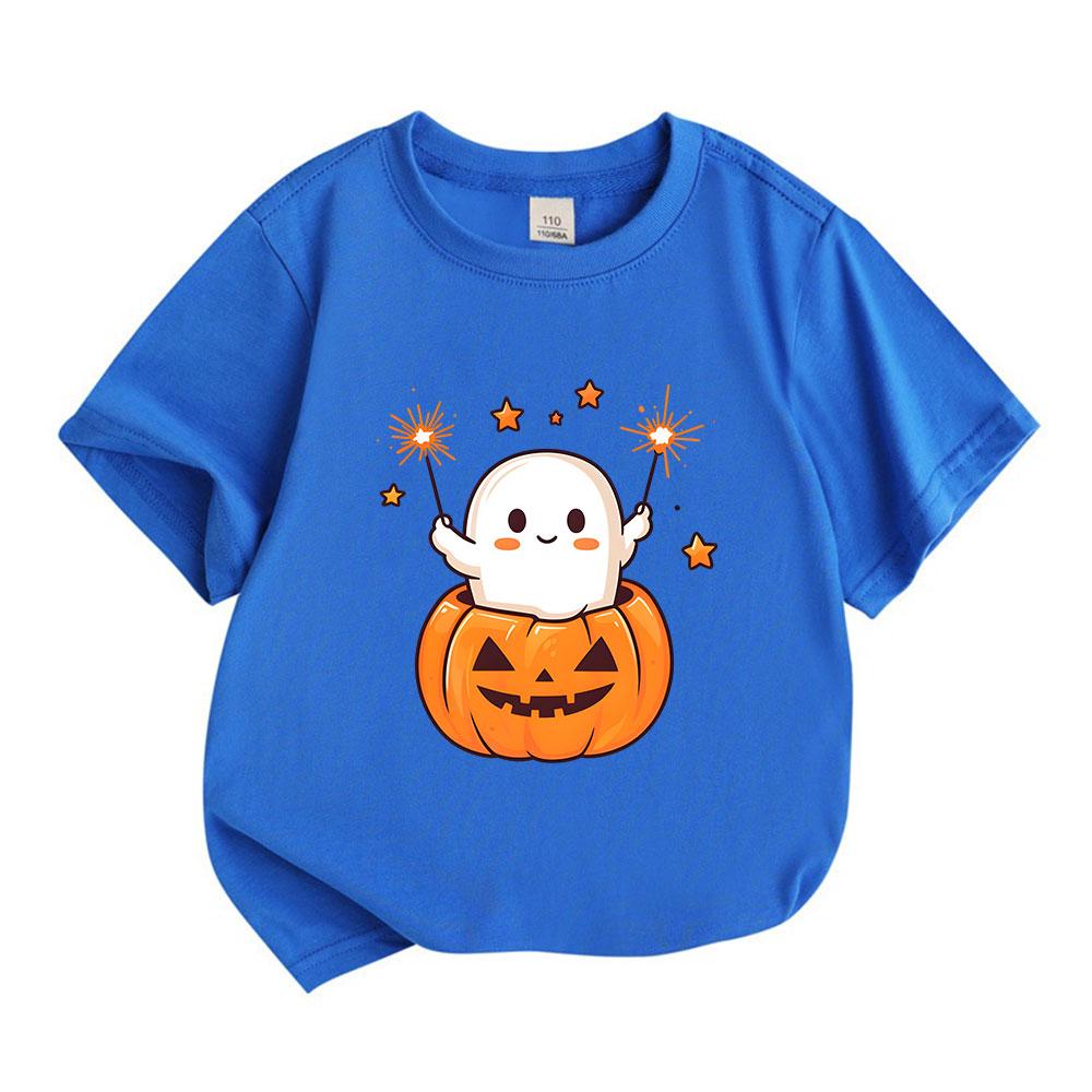 Kids Boys Girls 100% Cotton Crew Neck Short Sleeve T-Shirt, Cute Ghost In Pumpkin Hold Sparklers Print Casual Halloween Tee for Children Daily Wear Pa