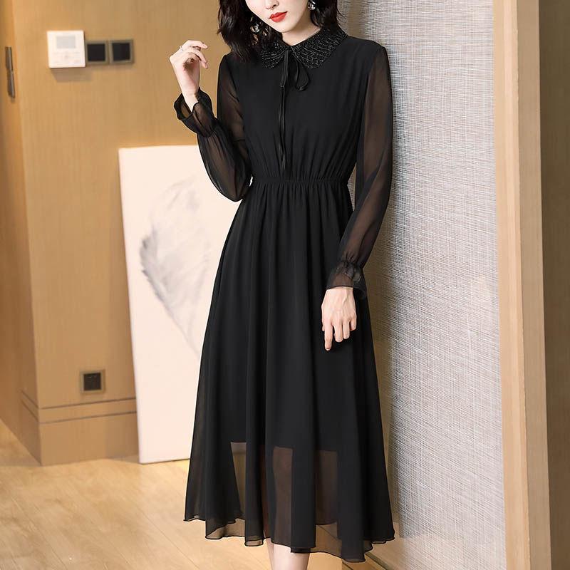 

Длинное шифоновое платье больших размеров на весну и осень с воротником-стойкой и утягивающим талию дизайном 4XL чёрный