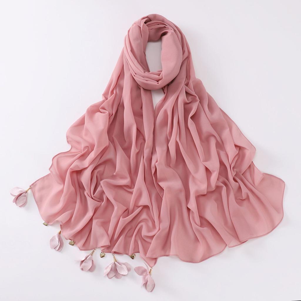 Handmade Alloy Love Flower Chiffon Hijab Beads Scarves Plain Shawls Women Sunscreen Headscarf Head Wrap Hijabs Ramadan Turban