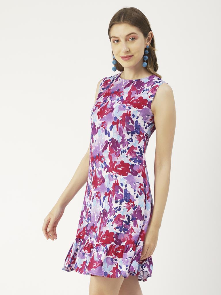 Moomaya Women  S Printed Short Dress, Sleeveless Frilled Hem Round Neck Mini