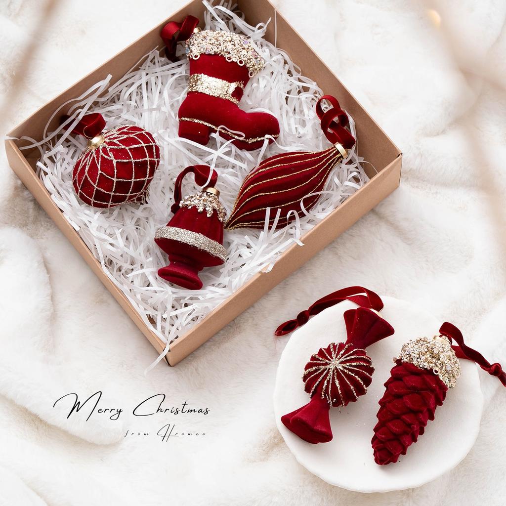 Ensemble de 6 décorations de Noël rouges pour la maison, la cheminée, les fêtes et le sapin de Noël (hiver 2025).