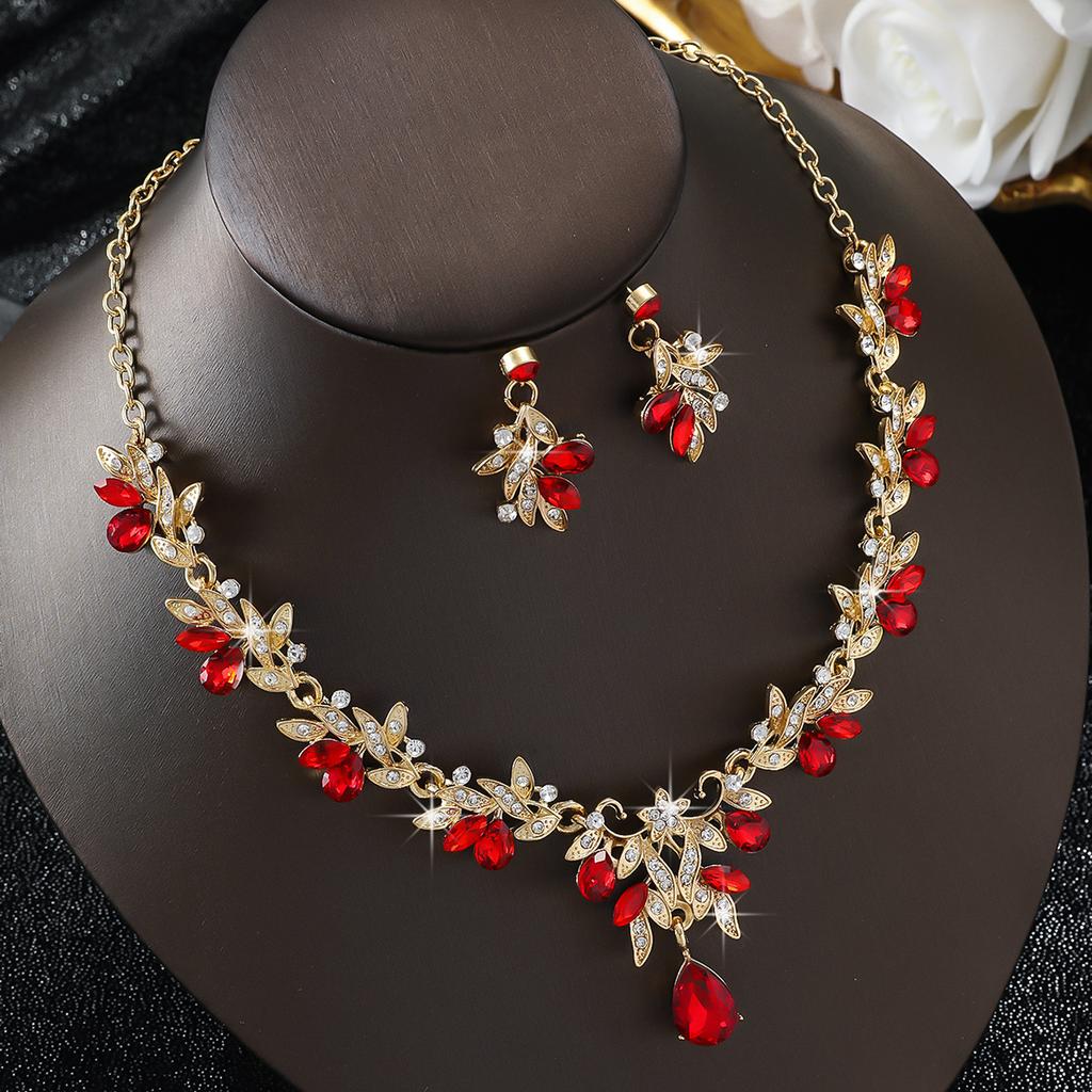 3PC Wedding Season Women's Fashion Trend Sparkling Leaf Water Drop Necklace Earrings Zircon Set Banquet Party Holiday Gift
