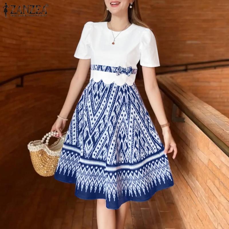 

ZANZEA Women Casual Round Neck Summer Short Sleeve Patchwork Print Dress S синій