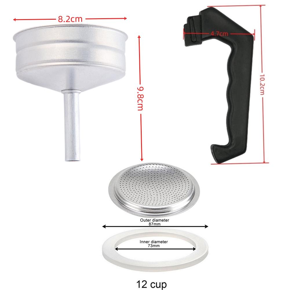 Espressokaffe Moka Kanna Reservdelar För 1/3/6/9/12 Koppar Moka Kanna Handtag Packning Tätning Tratt Filter Tillbehör