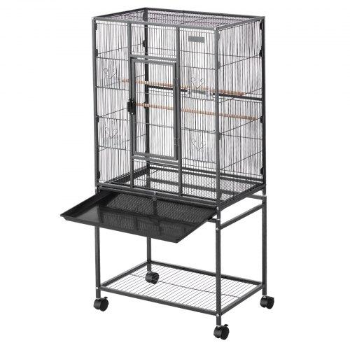VEVOR Bird Cage, 625 x 425 x 1370 mm, Flat Top, Wrought Iron Bird Flight Cage with Perches, Slide-Out Tray and Plastic Feeders, Casters, for Parrot