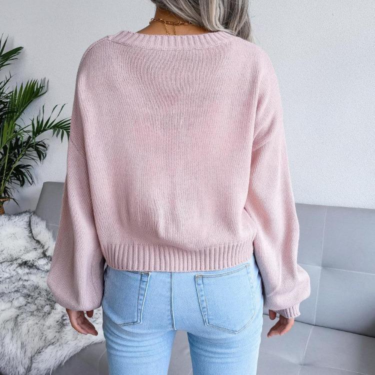 Women Autumn Winter Knitted Cardigan Long Sleeve V Neck Printed Single Breasted Sweater