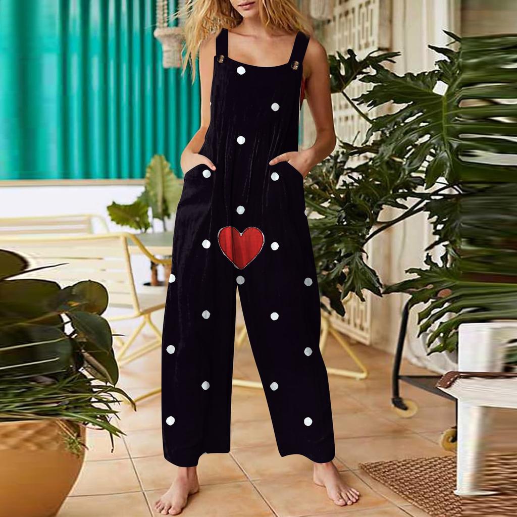 Women's Valentine's Day Printed Casual Loose Retro Cotton Linen Overalls With Pockets