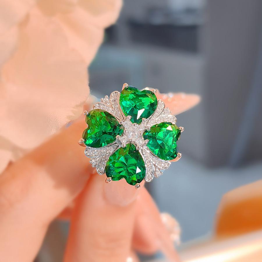 Fashion Light Luxury Heart-Shaped Four-Leaf Clover Pendant Necklace Flower Ring Simulation Emerald Diamond Stud Earrings Colorful Treasure Set Women