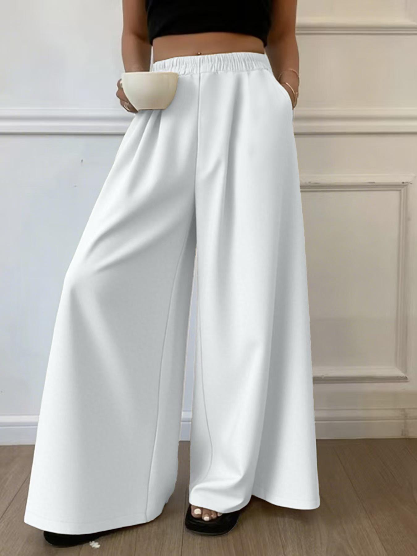 2025 Plus Size Women s Wide Leg Elastic Waist Casual Pants - Black/White 5XL