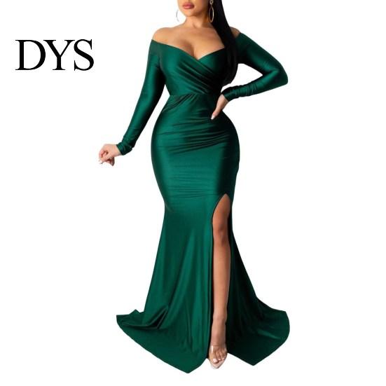Slim Fit Dress Lady Evening V Neck Off Shoulder Side Slit Floor Length Long Ball Gown Sleeves Pleated Maxi Banquet Party Solid Color
