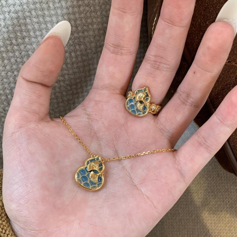 Elegant Vintage Green Enamel Shiny Gourd Ring Necklace Exquisite Ginkgo Leaf Texture And Diamond Palace Style Jewelry Sets