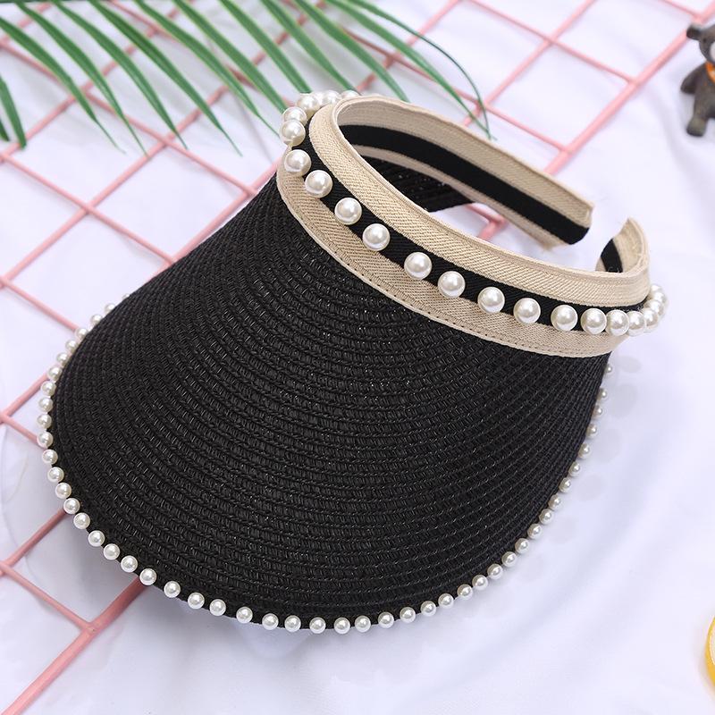 Empty Top Straw Hat Women'S Summer Sun Protection Hat Pearl Headband Hat Outdoor Sports Travel Fashion Sun Hat