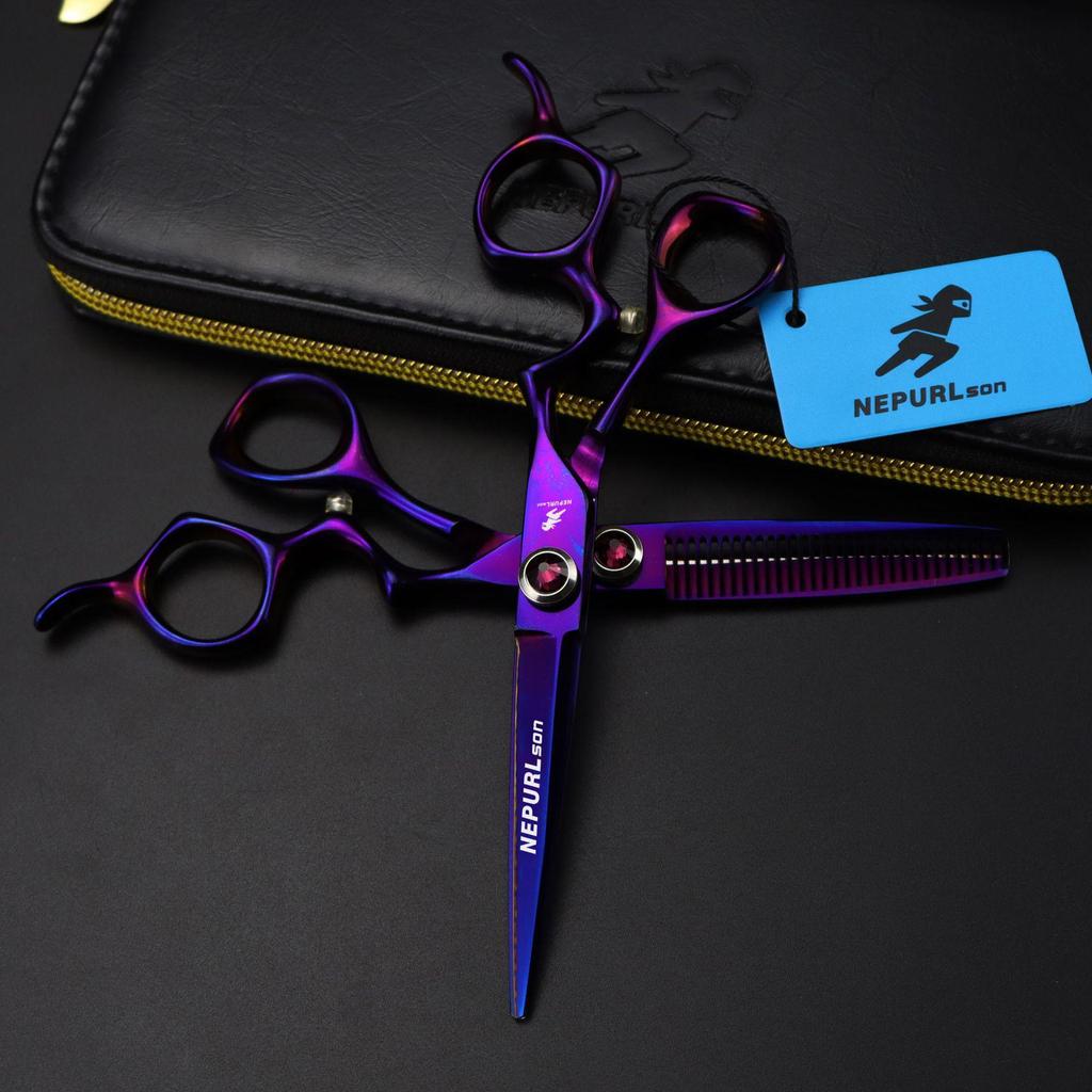 6.0" Napsun Purple Z-pattern Hairdressing & Barber Scissors Set - Includes Straight Shears, Bangs Scissors & Thinning Shears.