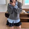 2026 Layered Look Knit Top With Contrast Collar Polo Neck Fake Two-Piece Design Oversized Casual Sweater Women