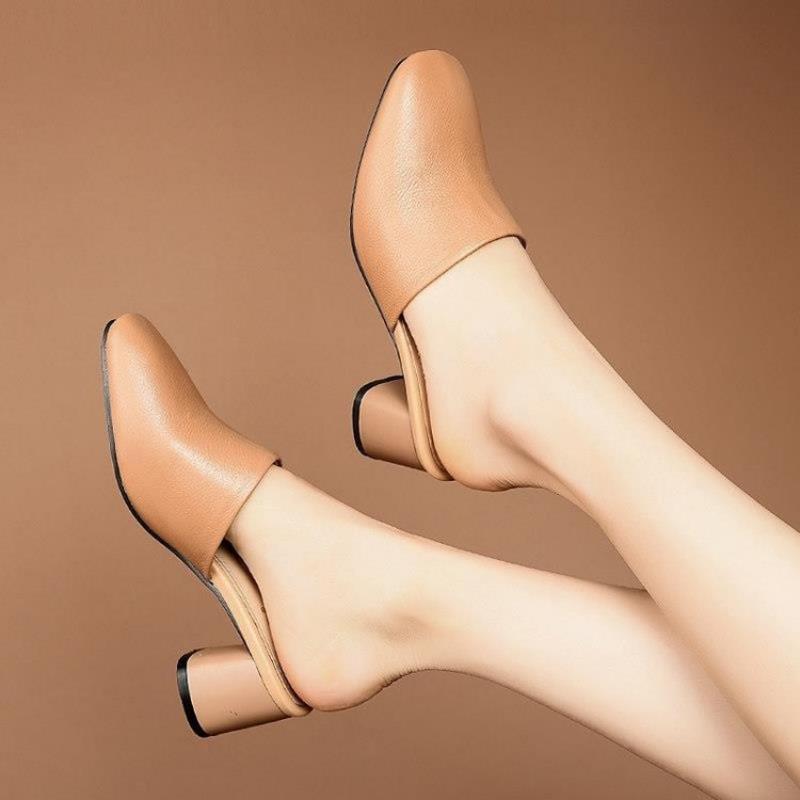 Fashion Baotou Half Slippers Women Summer New Outer Wear Fashion Solid Color Square Toe Thick Heel High-heeled Women's Slides Pantuflas