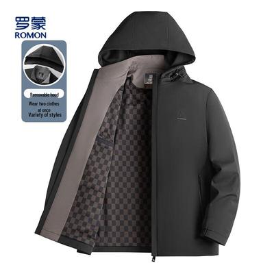 Men's 2-in-1 Detachable Hood Checkered Windproof Rainproof Jacket