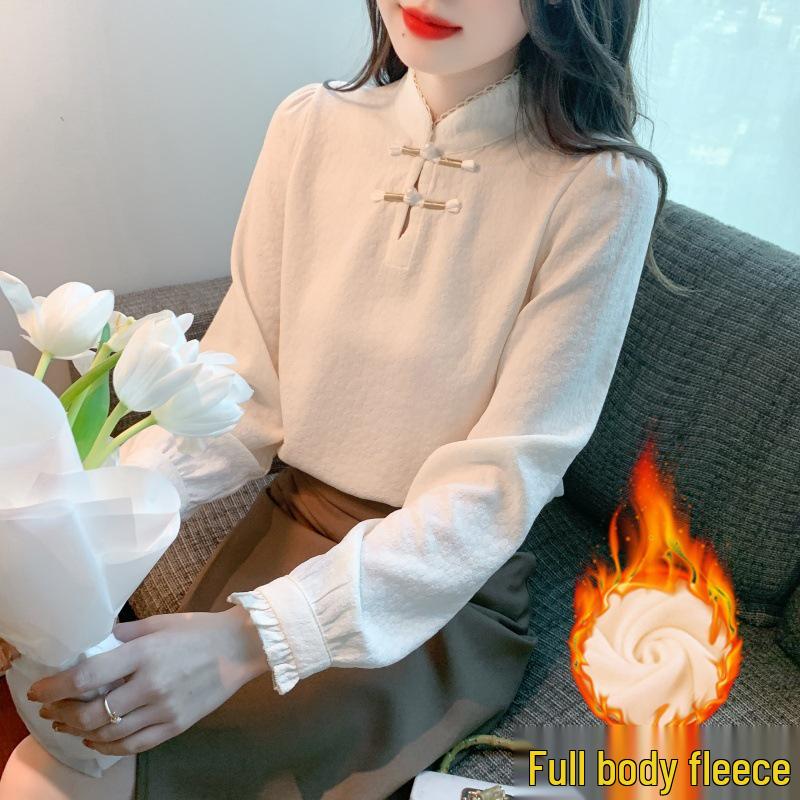 Retro Stand Collar Frog Button Pullover: Plus Velvet Thickened Base Layer for Autumn/Winter 2025, New Chinese Style.