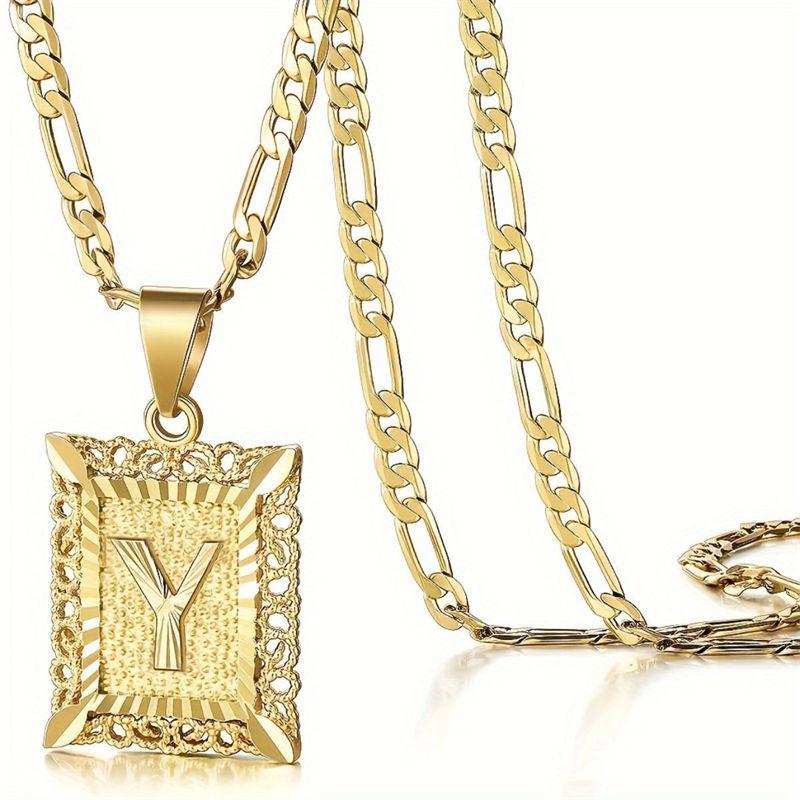 Initial Letter Pendant Necklace for Men Women 14K Gold Plated Square Necklace 26 Letters Long Chain Necklace GZW