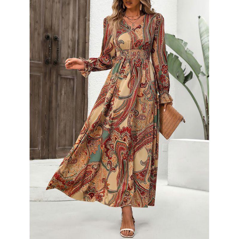 

Cross-Border Foreign Trade European and American Women s Clothing 2024 Amazon Fall Fashion Print Long Dress V Neck Long Sleeve Big Hem Dress Light brown L