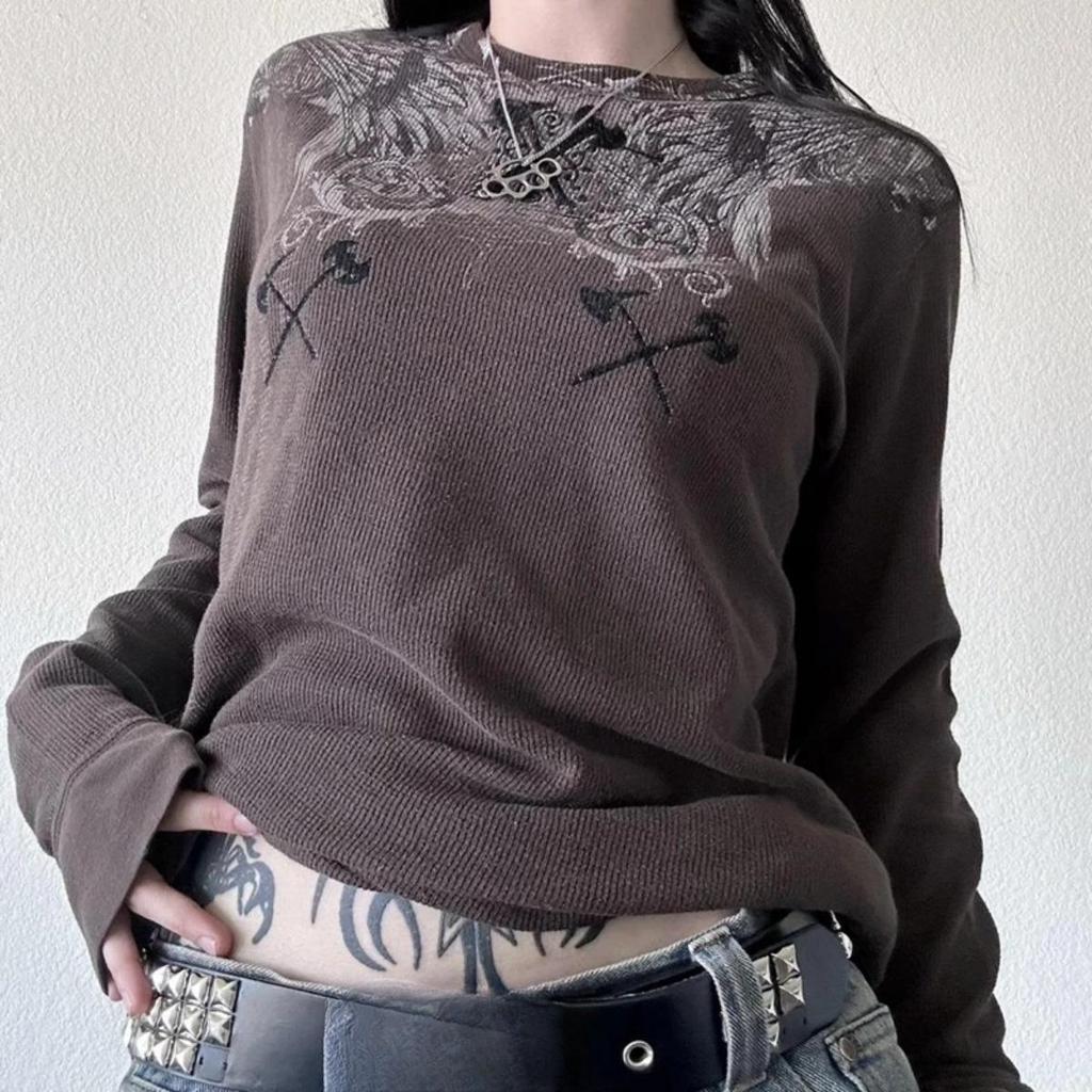 2KWEIRD Y2K Grunge Cyber Mall Goth Termotričko Lebky Grafický potisk Dlouhý rukáv Svetry Topy Ženy 90. léta Vintage Estetická Trička