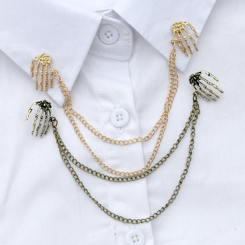 New Brooches Punk Skull Shirt Collar Pins Retro Fashion Men and Women Steampunk Charm Palm Universal Retro Chain Brooch