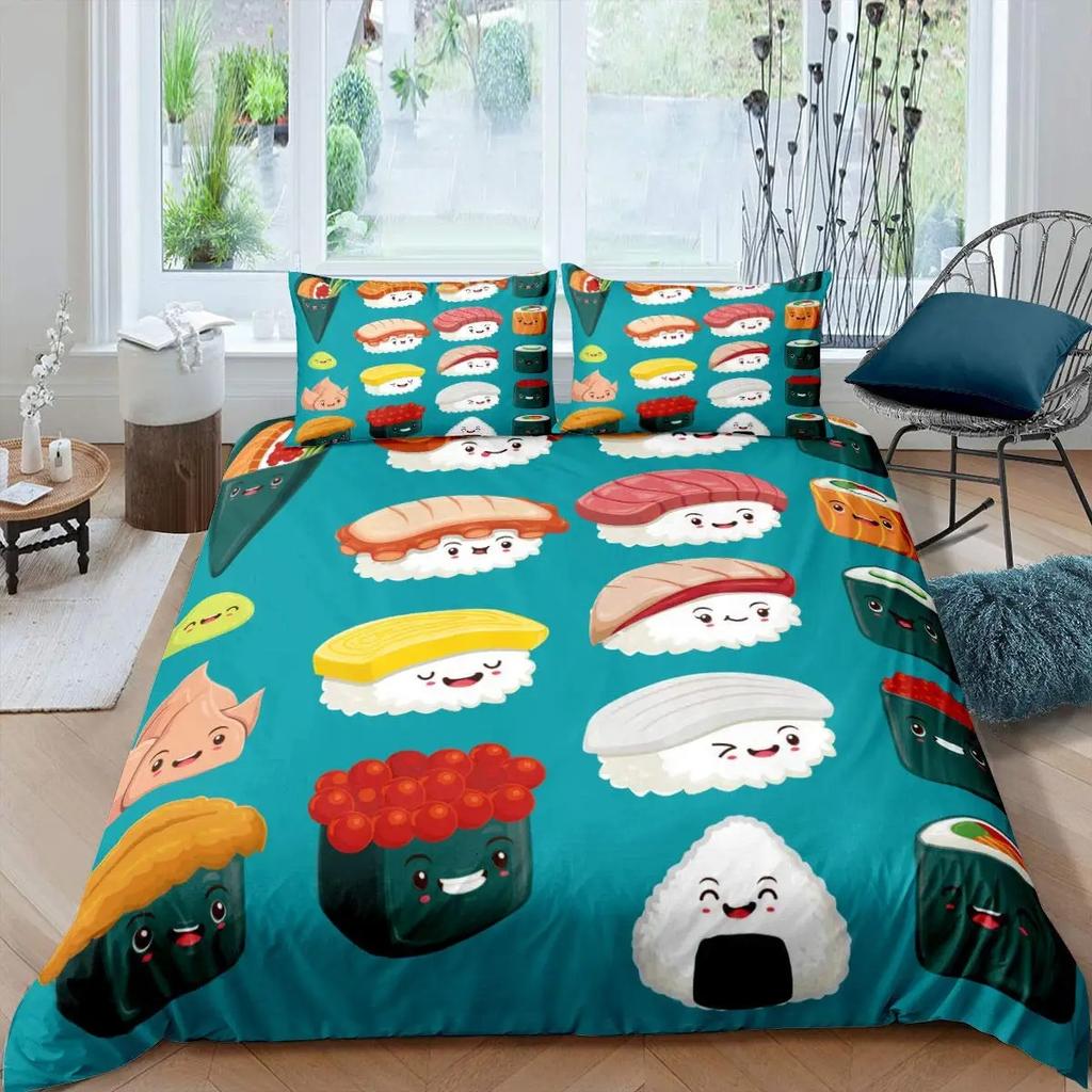Japanese Sushi Duvet Cover King Size Microfiber Cute Cartoon Food Theme Bedding Set Quilt Cover