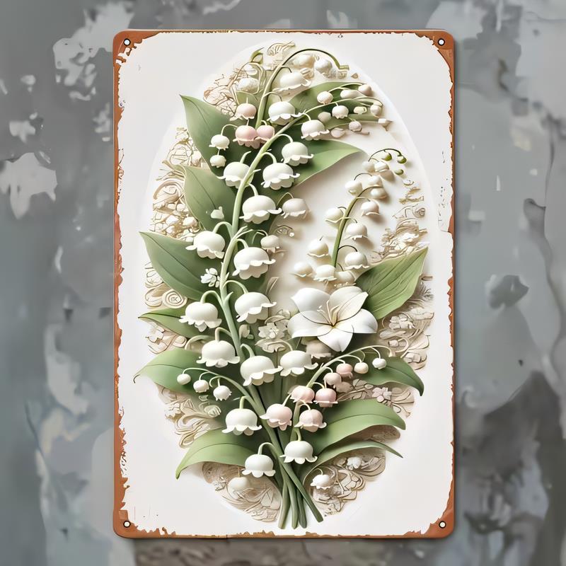 Tin Sign Floral Spring Bouquet Vintage Metal Wall Art Green Leaves White Lily of the Valley Rustic Cottagecore Garden Decor for