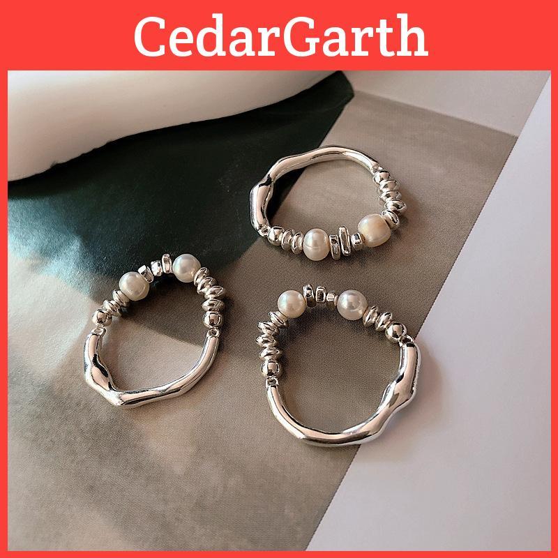 Trendy 2022 Natural Pearl And Silver Adjustable Ring Elegant Geometric Design For Women