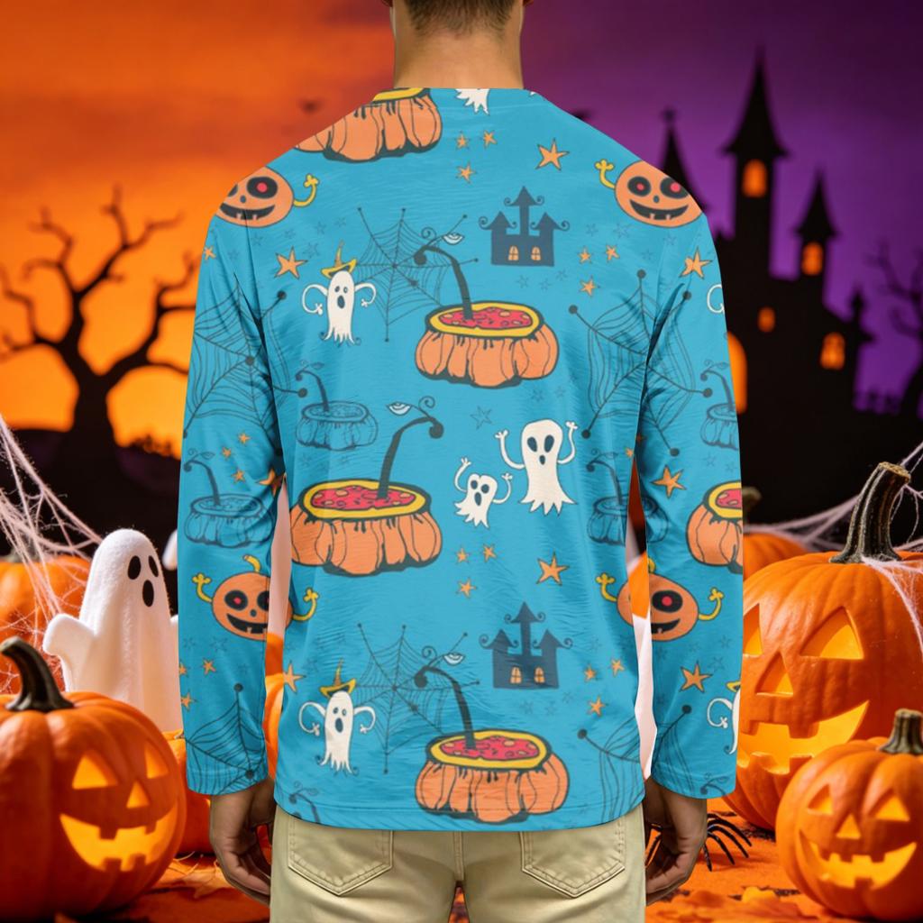 Men's Long Sleeve Casual T-Shirt Crew Neck Printed Halloween Pumpkin Pattern Top Comfortable Fit Lightweight Fabric