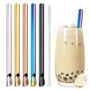 Reusable 304 Stainless Steel Straw Pearl Milkshake Bubble Tea 6Pcs Straw with Brush Set Stirring Smoothie Spoon Shaped Straw