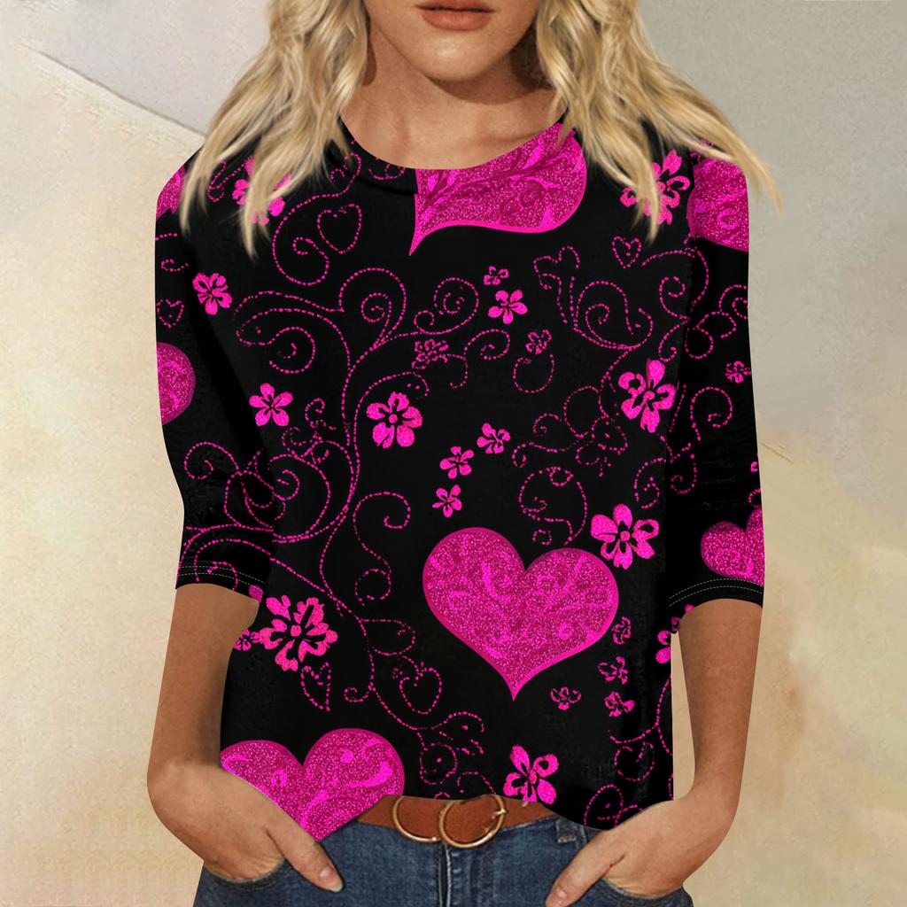 Women's Fashion Casual Round Neck Three-quarter Sleeve Carnival Print T-shirt Top