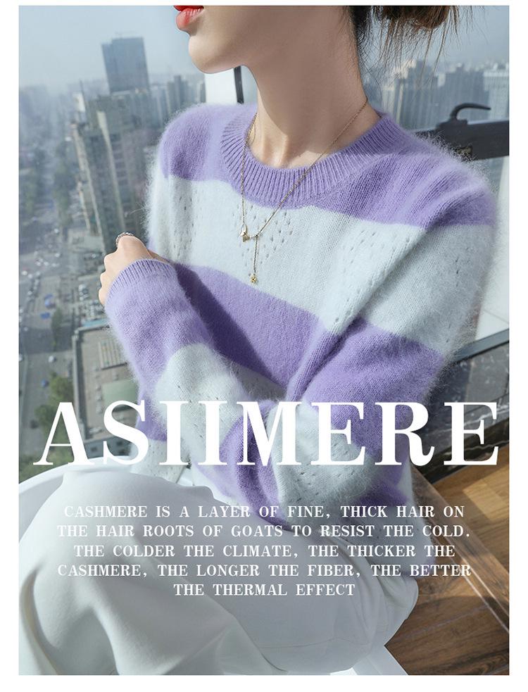 Women's Thickened Mink Velvet Striped Sweater for Autumn/Winter - Round Neck, Long Sleeve Knit Base Layer