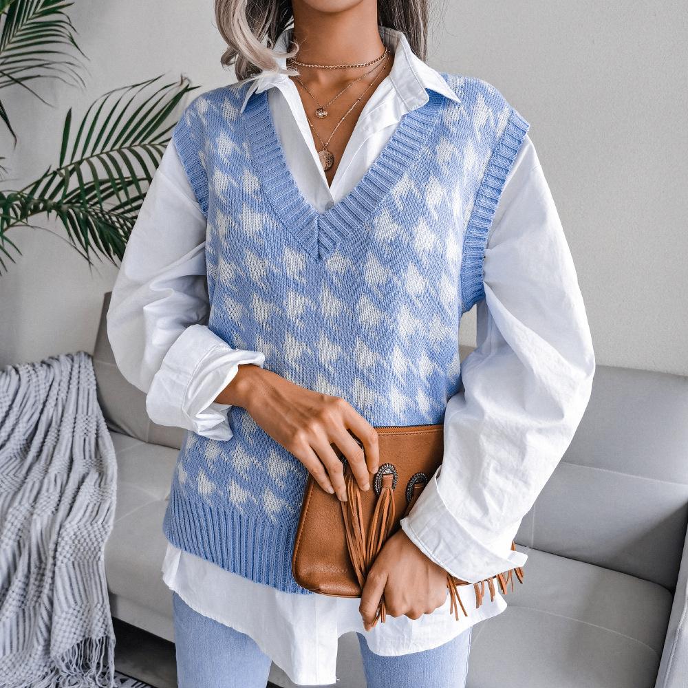 DAFIFY Naiste moe vabaaja Houndstooth Print sügistalvised varrukateta V-kaelusega kootud vestid