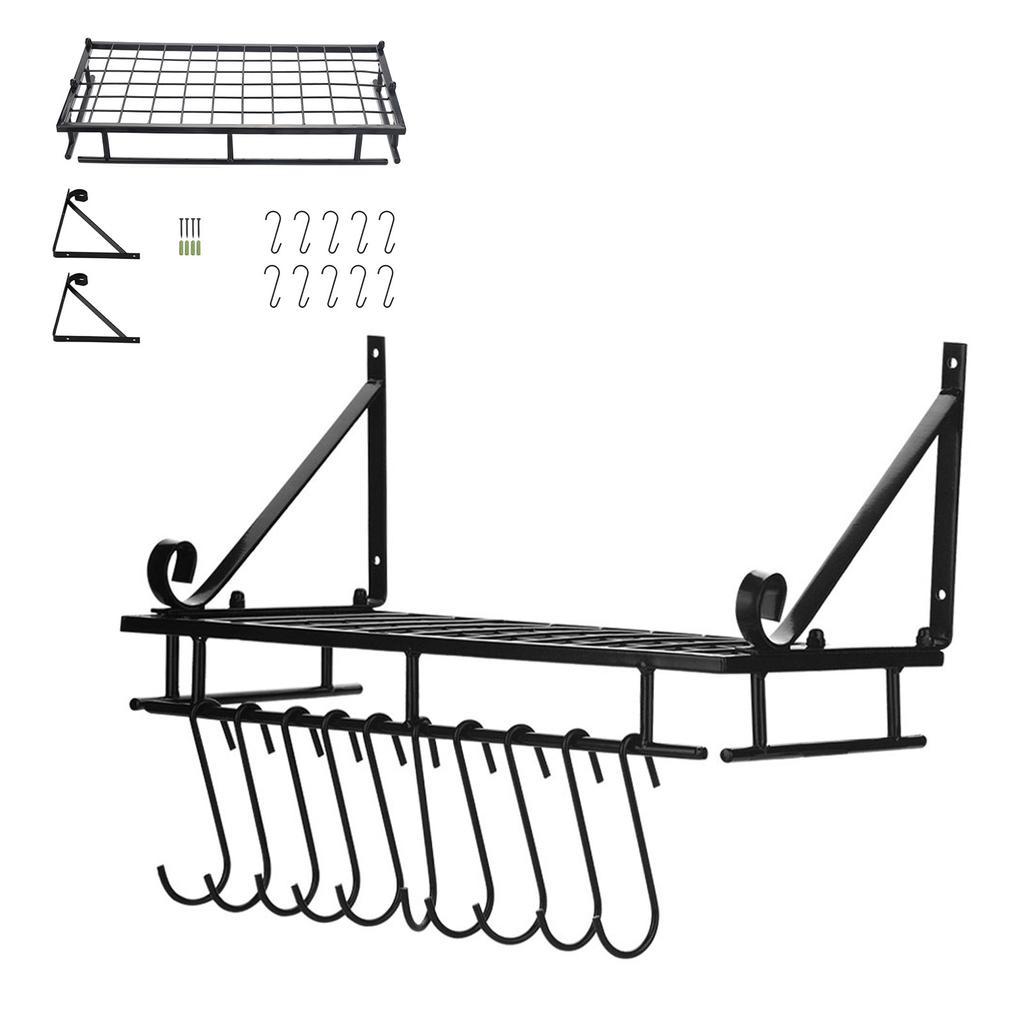 Metal  ing Pan Pot Rack Wall Mounted with 10 Hook Holders Kitchen Storage   (90cm)