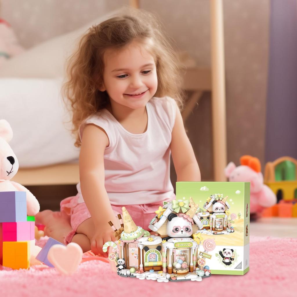 MEIEST Bloc de Construction Magasin de Glaces Panda, Ensemble de Blocs de Construction Magasin Mini Ville Rue Panoramique Jouet de Construction à Particules, Décoration de Maison