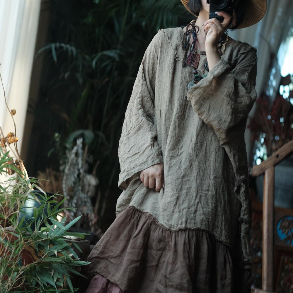 

Johnature Женские винтажные платья в стиле пэчворк, цветные, с круглым вырезом, длинными рукавами, осенние, свободного кроя, в китайском стиле, на пуговицах One Size