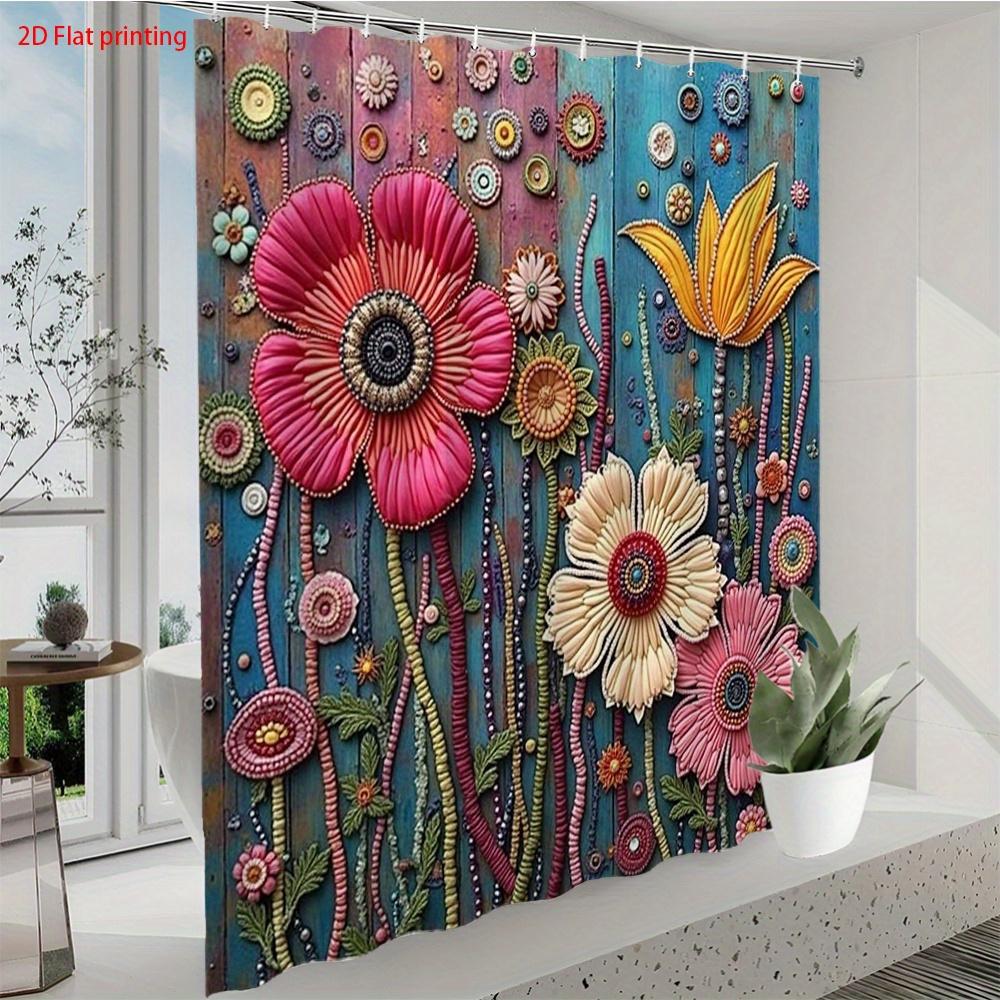 Colorful 3D Floral Patterned Shower Curtain Bright Flowers Textured Fabric Bathroom Decor With Hooks For Bathtub Wall Art