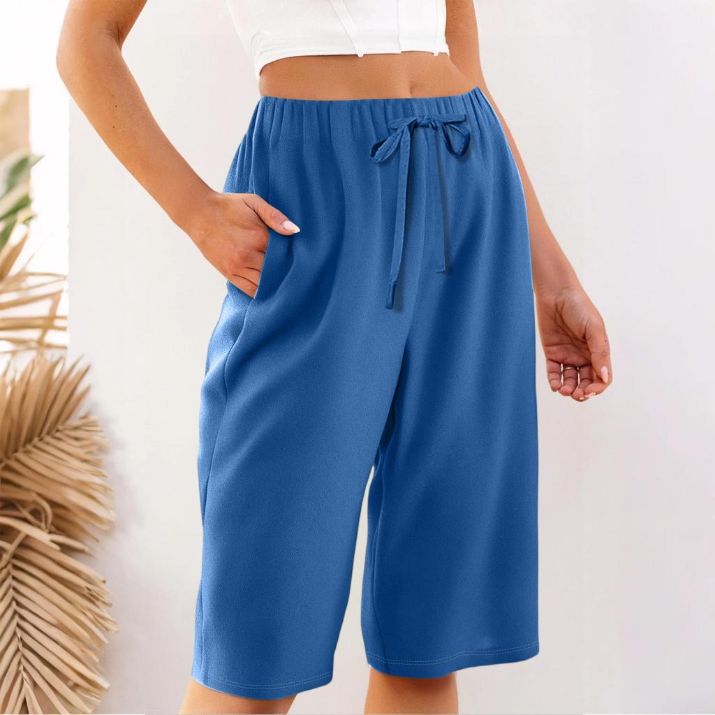 Women's Summer Elasticated Tie Waist Solid Colour Cotton & Linen Loose Shorts