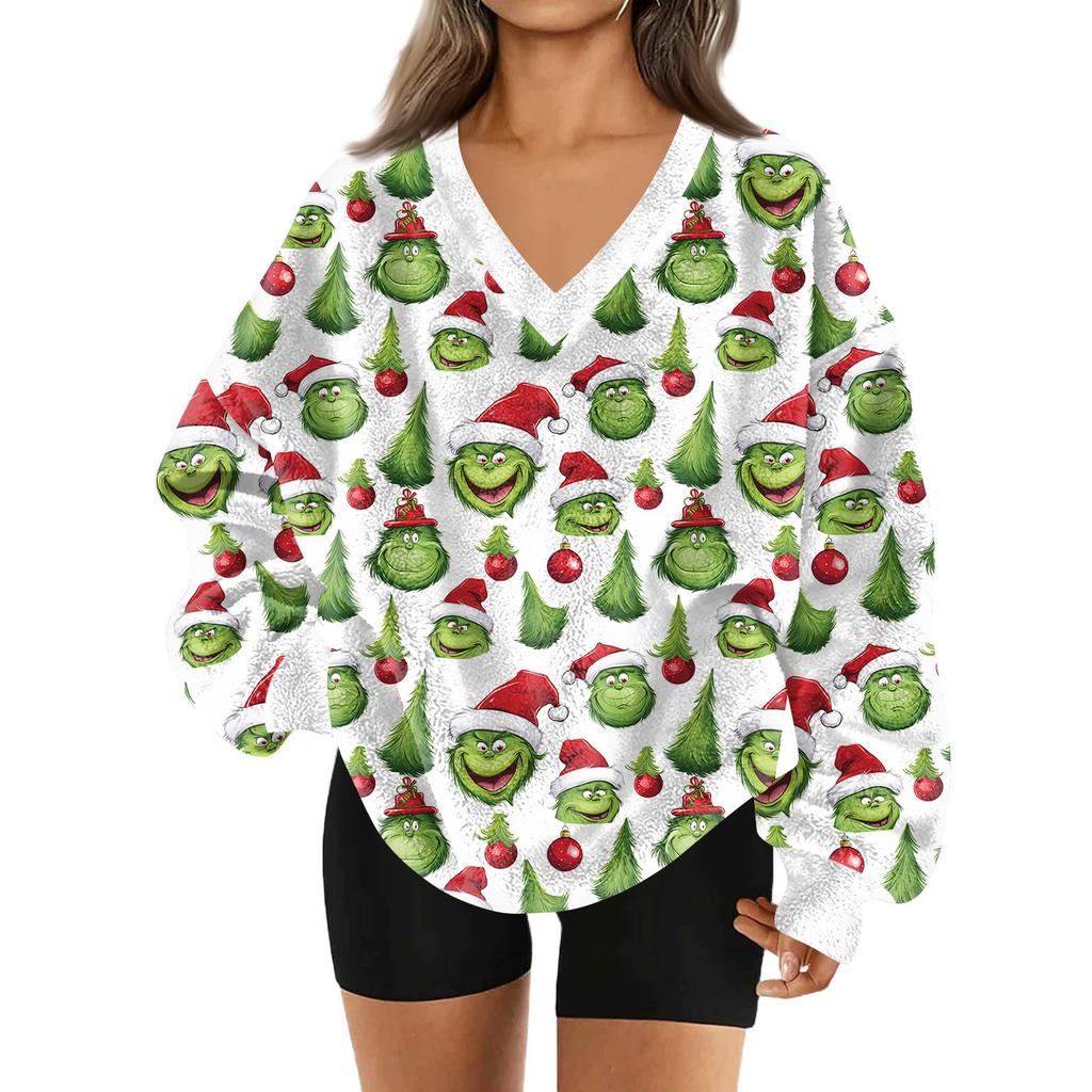 Women's Fashionable V-neck Christmas Printed Long Sleeved Casual Pullover Plush Warm Pocket Sweatshirt Top