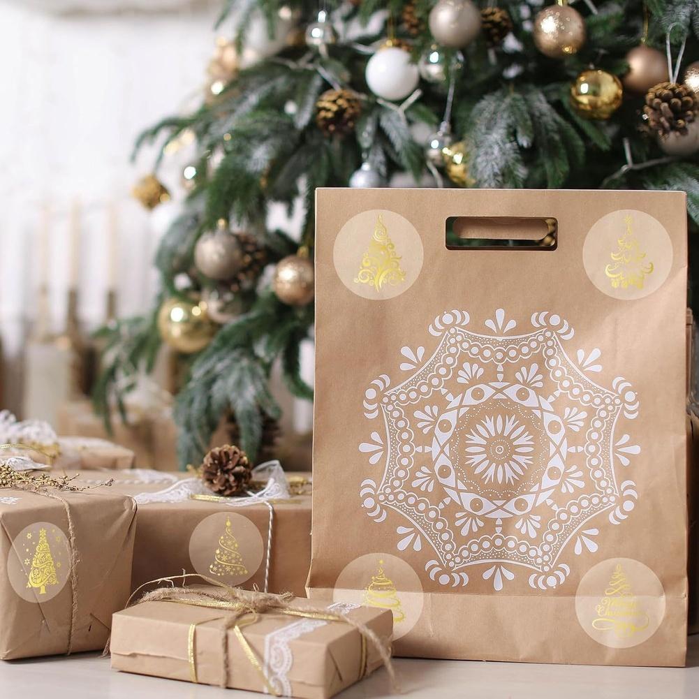 1 Set Adesivi di Natale Trasparenti Rotolo Foglia Oro Albero Etichette Sigillanti Carta Patinata Autoadesivo Alberi di Natale Foglia Oro