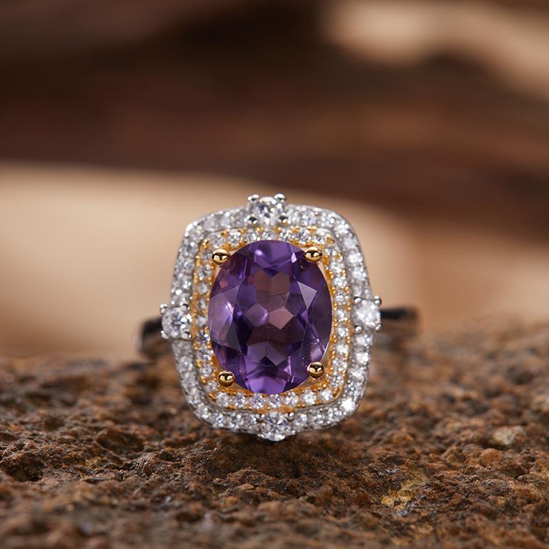 S925 Sterling Silver 18K Gold Natural Gemstone Ring Light Luxury Index Finger Ring Energy Jewelry Women