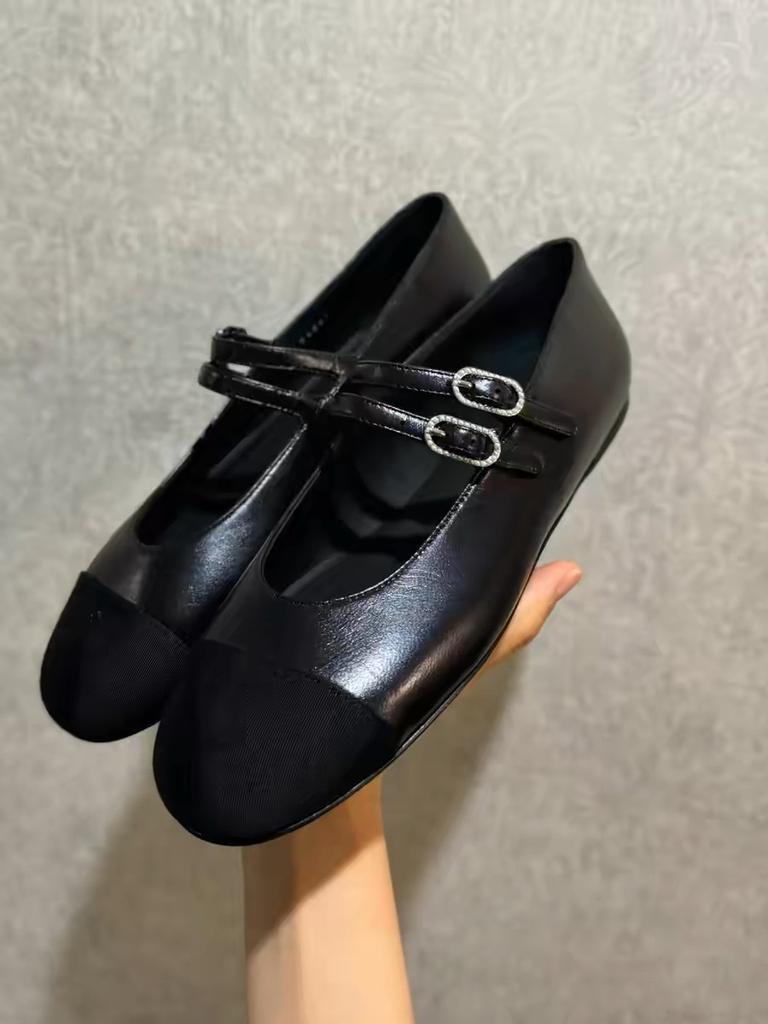 Leather Small Fragrant Style Color Matching Light Mouth Flat Bottom Ballet Shoes Women's Spring and Autumn Commuting Double One-word Buckle Belt Ma