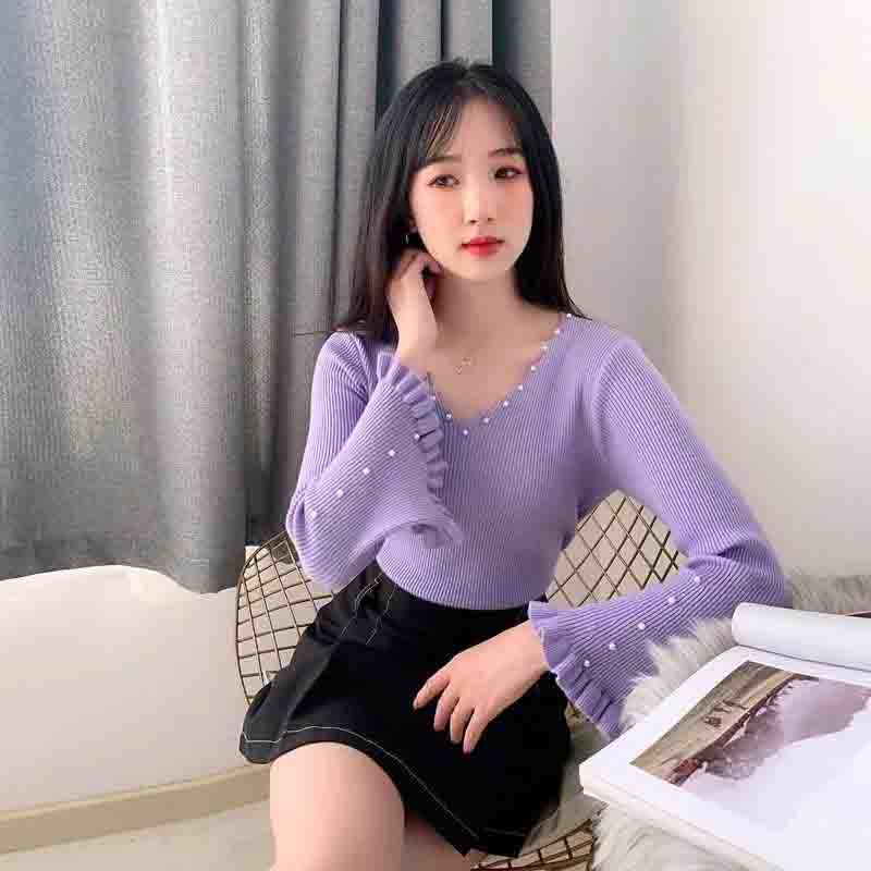 Knitwear Women's V-neck Long-sleeved Sweater Women's Outer Wear Beaded Fashion Casual Pullover Bottoming Shirt